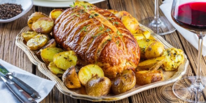 Beef Wellington with baby roast potatoes